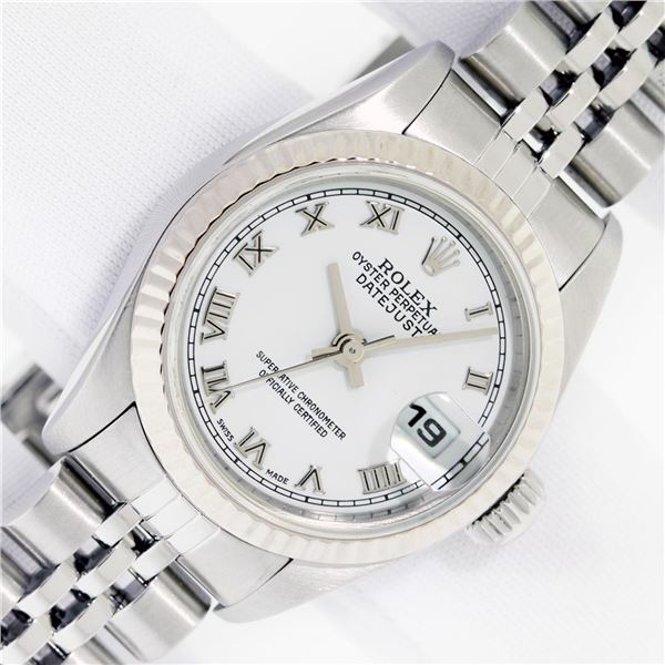 Rolex Ladies Stainless Steel White Roman Quickset Datejust Wristwatch
