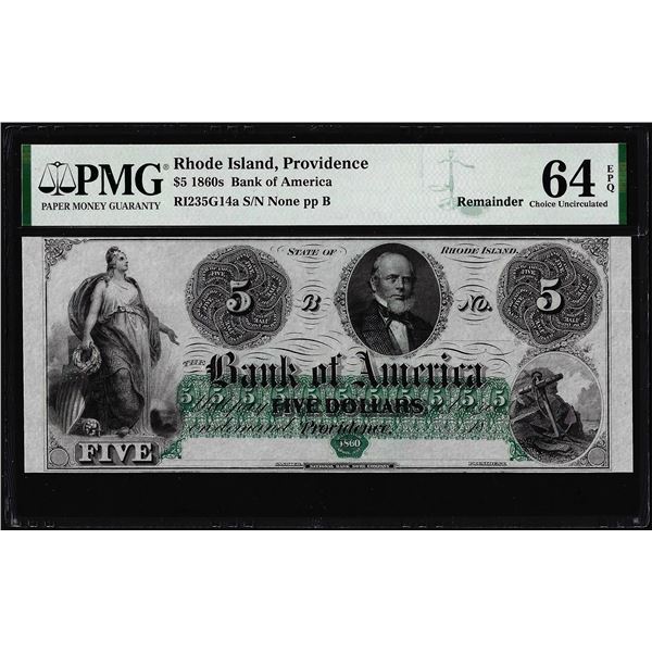 1860's $5 Bank of America Providence, RI Obsolete Note PMG Choice Uncirculated 64EPQ