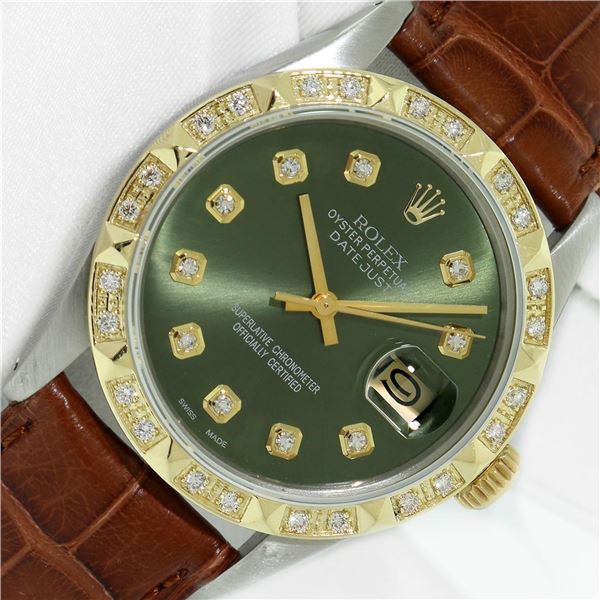 Rolex Men's Two Tone Diamond Datejust Wristwatch with Leather Band