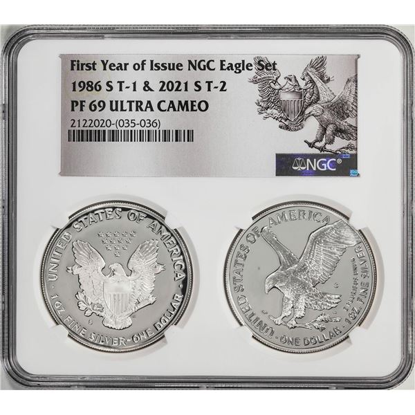 1986-S & 2021-S First Year of Issue Proof Silver Eagle Set NGC PF69 Ultra Cameo