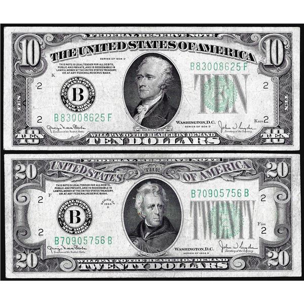 Lot of 1934D $10 & $20 Federal Reserve Notes New York