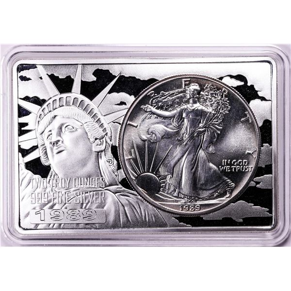 1989 $1 American Silver Eagle Coin & 2oz Silver Bar Set