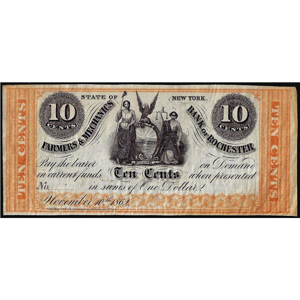 1862 Ten Cents Farmers & Mechanics Bank of Rochester, NY Obsolete Note