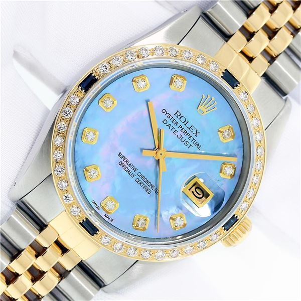 Rolex Men's Two Tone Diamond & Sapphire Datejust Wristwatch