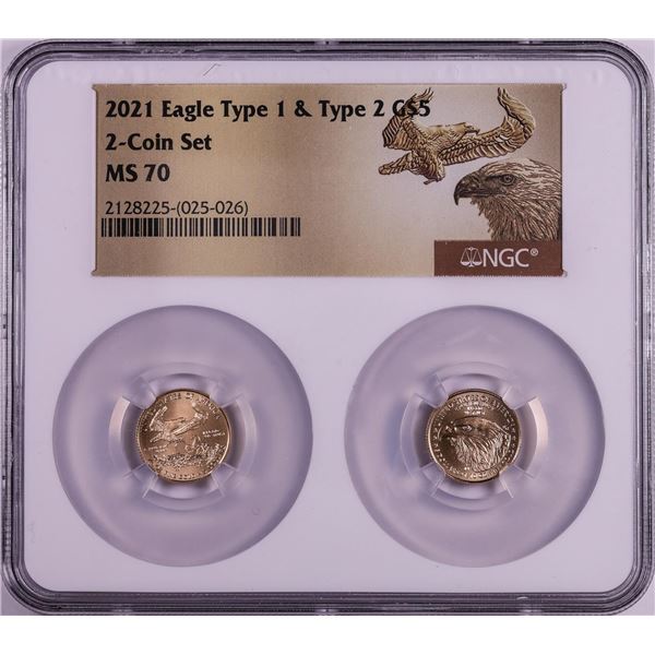 Set of 2021 Type 1 & Type 2 $5 American Gold Eagle Coins NGC MS70