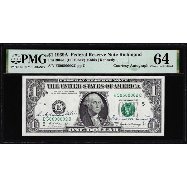 1969A $1 Federal Reserve Note PMG Choice Uncirculated 64 Dual Courtesy Autograph