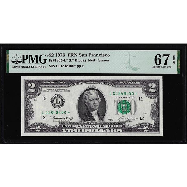 1976 $2 Federal Reserve STAR Note Fr.1935-L* San Francisco PMG Superb Gem Unc. 67EPQ