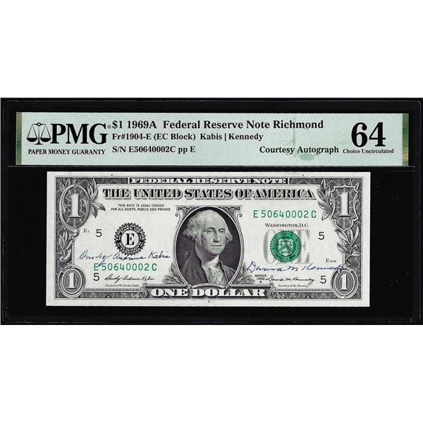 1969A $1 Federal Reserve Note PMG Choice Uncirculated 64 Dual Courtesy Autograph