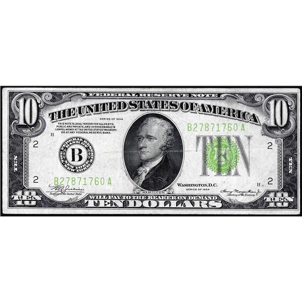 1934 $10 Federal Reserve Note New York Light Green Seal