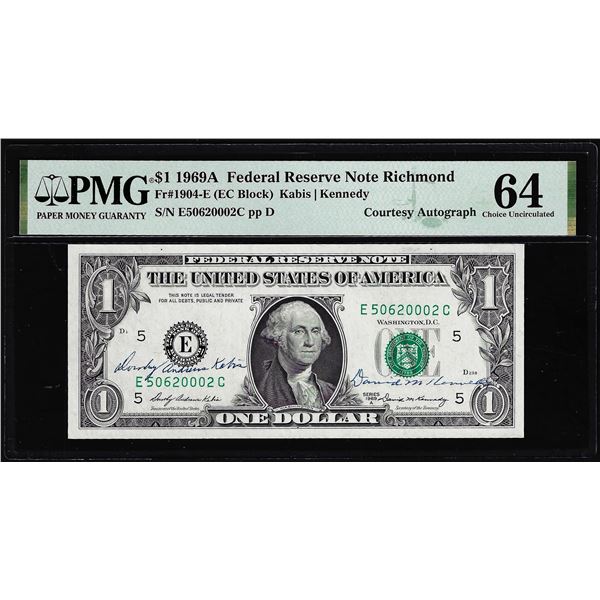 1969A $1 Federal Reserve Note PMG Choice Uncirculated 64 Dual Courtesy Autograph