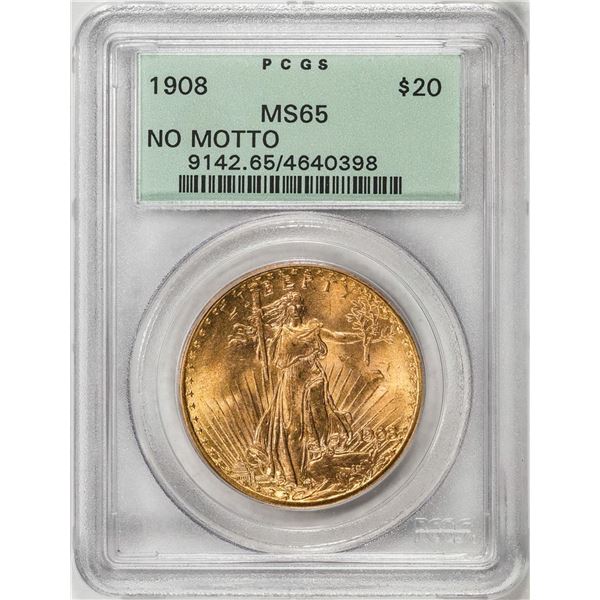 1908 No Motto $20 St. Gaudens Double Eagle Gold Coin PCGS MS65 Old Green Label