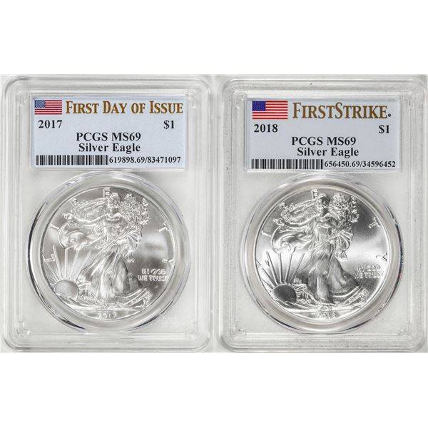 2017-2018 $1 American Silver Eagle Coins PCGS MS69 First Strike