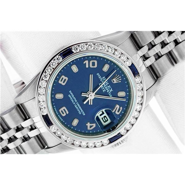Rolex Ladies Stainless Steel Blue Arabic Diamond & Sapphire Wristwatch With Rolex Box