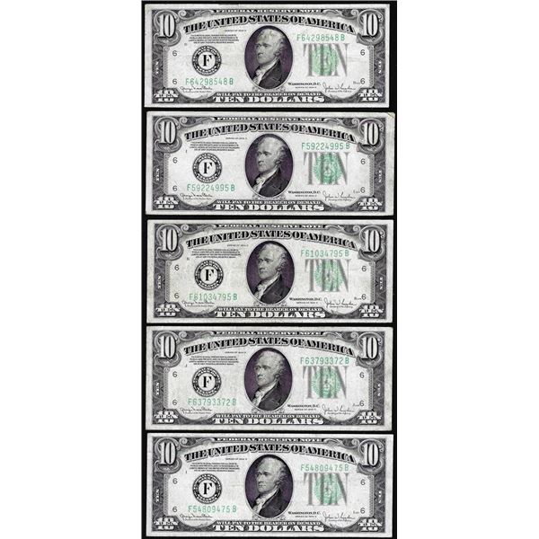 Lot of (5) 1934D $10 Federal Reserve Notes Atlanta