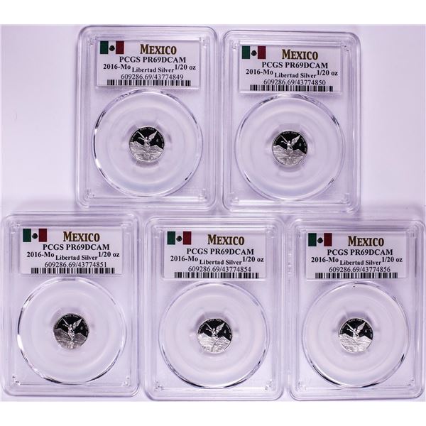Lot of (5) 2016-Mo Mexico Proof 1/20 oz Silver Libertad Coin PCGS PR69DCAM