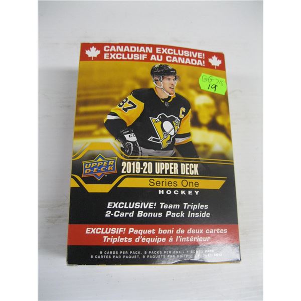 BOX W/COLLECTOR HOCKEY CARDS, 2019, 2020 UPPER DECK, PACKAGES INSIDE HAVE BEEN OPENED