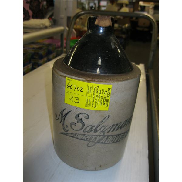 STONEWARE CROCK WITH M. SALZMAN CO. PRINTED ON IT