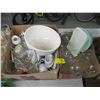 Image 1 : 2 BOXES OF DISHWARE, PYREX BOWL, MUGS, VASES, PLATTERS, ETC.