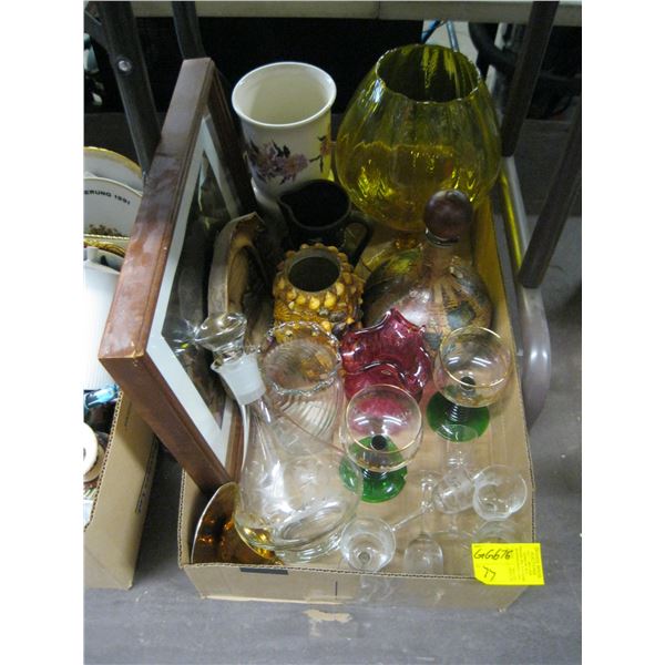 VARIOUS DISHES, DECANTER, MUGS, VASES, FRAMED PRINT, ETC.