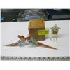 Image 1 : WOODEN POP UP BOX W/PELICAN INSIDE, SM METAL DECORATIVE BIRDCAGE & 2 GLASS ART PEACOCKS?