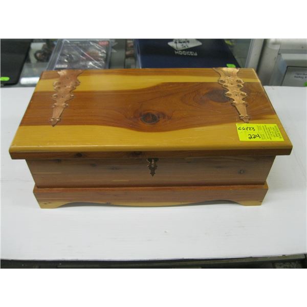 WOODEN STORAGE BOX W/MISC. CONTENTS, WALLET, CHANGE PURSE, FLASHLIGHT, ETC.