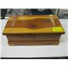 Image 1 : WOODEN STORAGE BOX W/MISC. CONTENTS, WALLET, CHANGE PURSE, FLASHLIGHT, ETC.