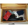 Image 2 : WOODEN STORAGE BOX W/MISC. CONTENTS, WALLET, CHANGE PURSE, FLASHLIGHT, ETC.