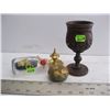 Image 1 : WOODEN CARVED CUP, SHIP IN BOTTLE, PAINTED ROCK & BRASS INCENSE BURNER