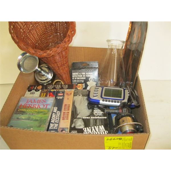 BOX OF MISC. VHS TAPES, ELECTRIC HORN, FISHING REEL, ETC.