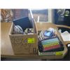 Image 1 : 2 BOXES OF MISC. BELTS, ELECTRIC SHIRT, FAN, PICTURE, ETC.
