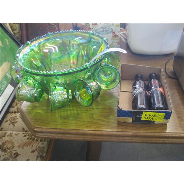 1960'S CARNIVAL GLASS PUNCH BOWL SET AND 2 VINTAGE ORANGE CRUSH BOTTLES