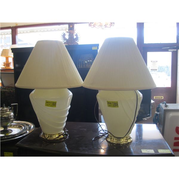 PAIR OF BRASS & GLASS BASE LAMPS