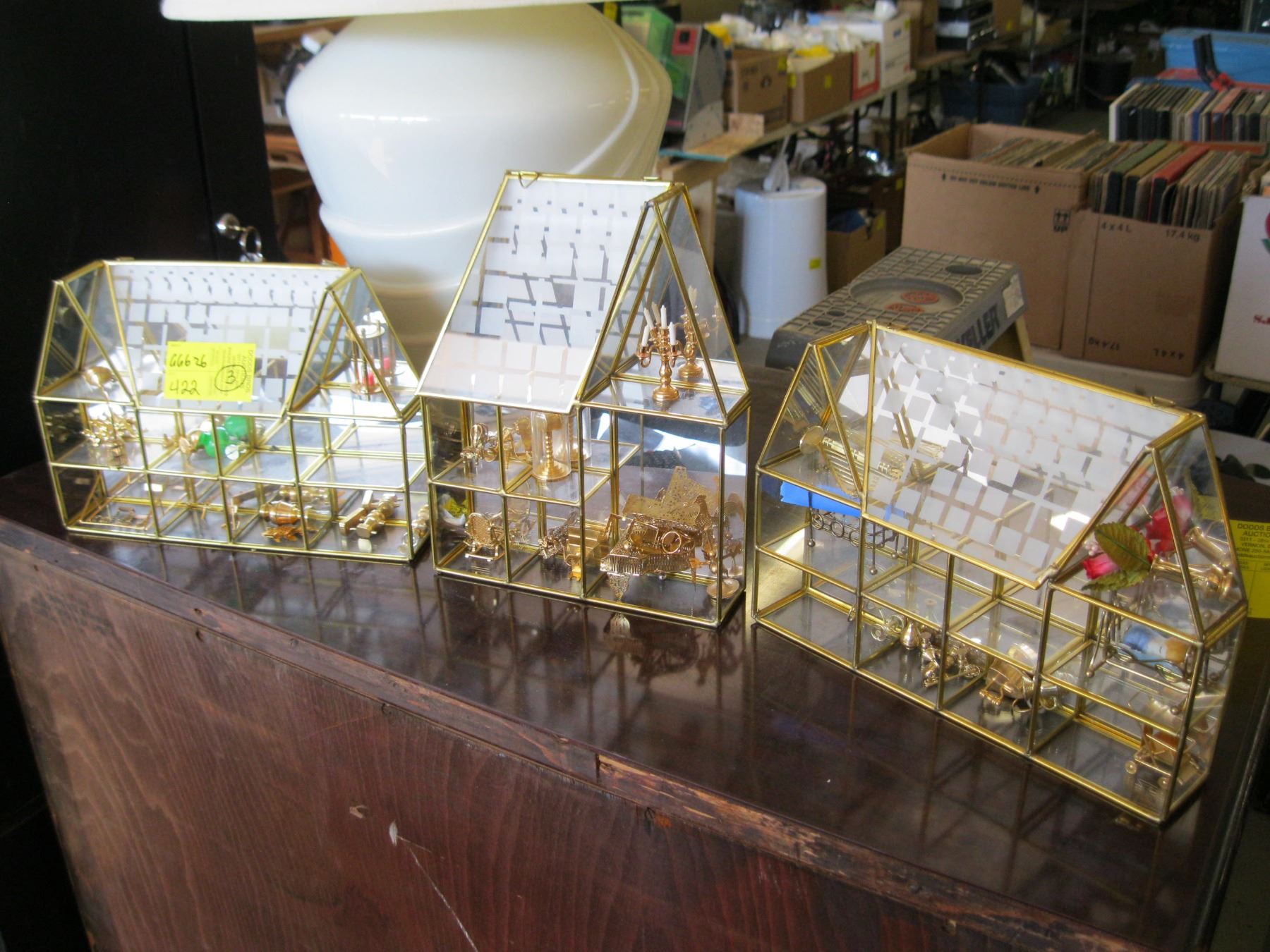 3 SM DISPLAY CABINETS W/ASST. BRASS FIGURINES