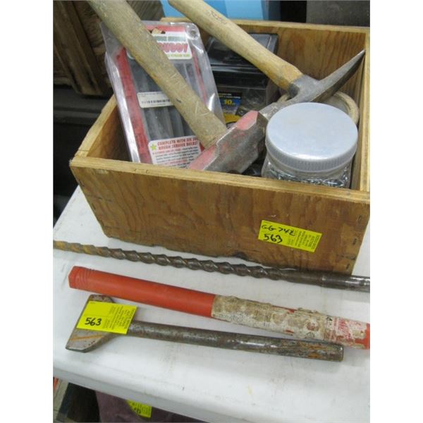 3 DRILLBITS & A BOX W/MINI SLEDGE, TAPE MEASURES, ETC.