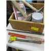Image 1 : 3 DRILLBITS & A BOX W/MINI SLEDGE, TAPE MEASURES, ETC.
