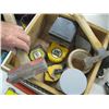 Image 2 : 3 DRILLBITS & A BOX W/MINI SLEDGE, TAPE MEASURES, ETC.