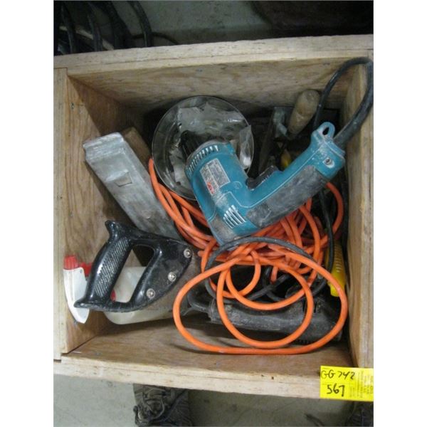 MAKITA DRYWALL GUN & WOODEN BOX W/MISC. EXTENSION CORD, DRILL, SAW, ETC.