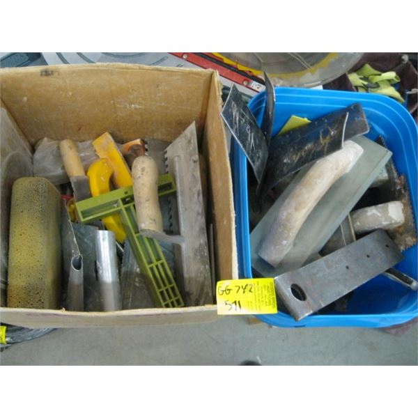 BOX & BUCKET OF ASST. TILE TOOLS, SCRAPERS, TROWELS, ETC.