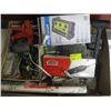 Image 1 : BOX OF MISC. ELECTRICAL BREAKERS, JOBMATE ROTARY TOOL, POWER BAR, ASST. TOOLS, ETC.