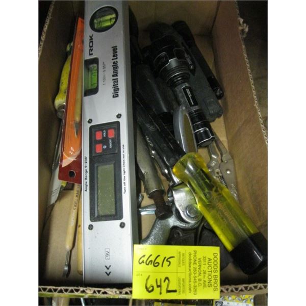 BOX OF MISC. TOOLS, LEVEL, SCREWDRIVERS, FLASHLIGHTS, ETC.