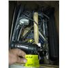 Image 1 : BOX OF MISC. LASER LEVEL, DRILL, DRYWALL CUTTER, VICE, ETC.