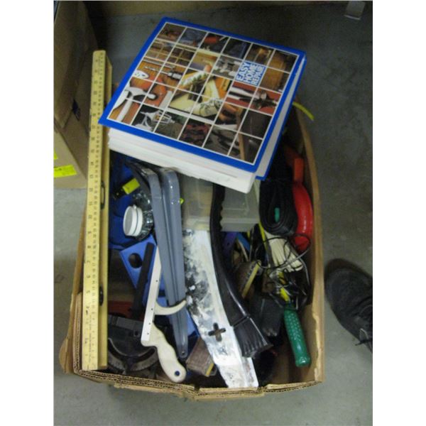 BOX OF MISC. HOME REPAIR BOOK, BRACKETS, LEVELS, GRABBER, ETC.