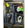 Image 1 : BOX OF SM BLUE PLASTIC HOLDERS W/ASST. PLUMBING PIECES, NAILS, ETC.