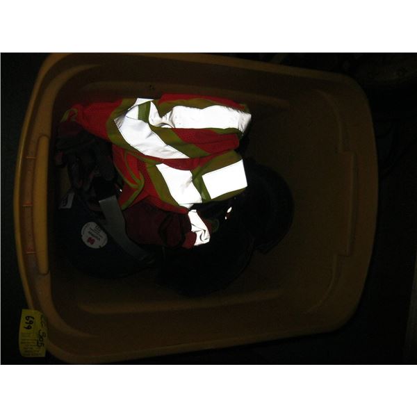 BIN W/MISC. REFLECTIVE VESTS, KNEEPADS, HELMET, ETC.