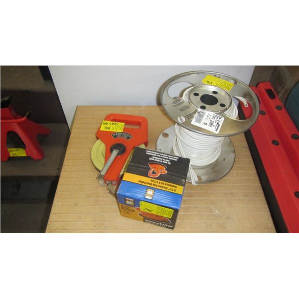 MISC. 100' TAPE MEASURE, SUCTION CUP & SM ROLL OF WIRE