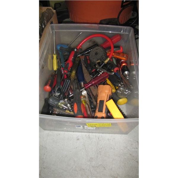 PLASTIC BIN OF MISC. ALLEN KEYS, ELECTRICAL TESTERS, ETC.