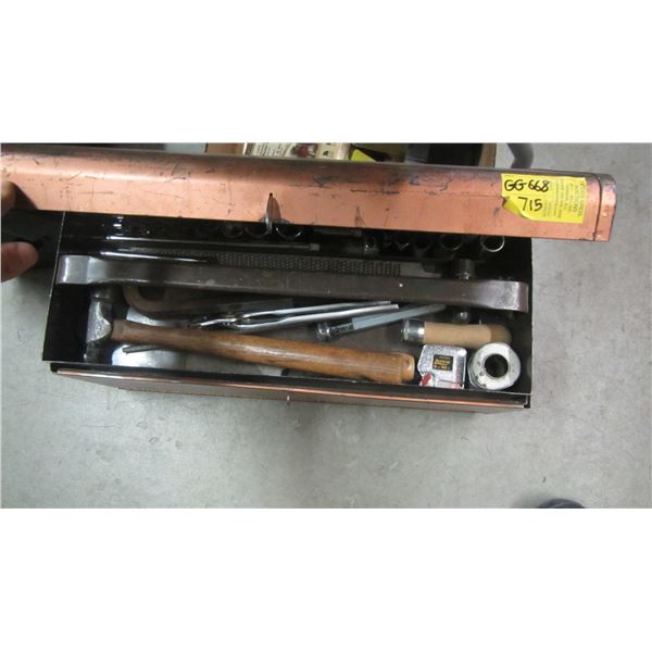 TOOLBOX W/ASST CONTENTS, SOCKETS, HAMMERS, WRENCHES, ETC.