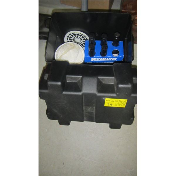 BATTERY BOX W/MISC. CONTENTS, GASLINE ANTIFREEZE, ETC.