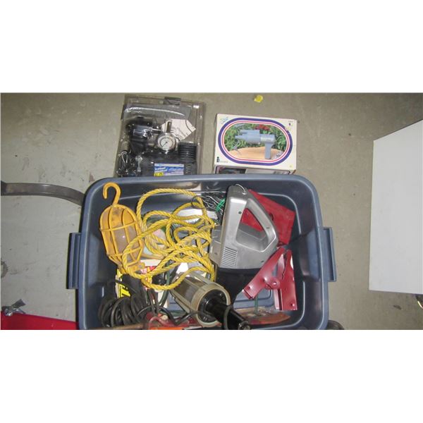 BIN OF MISC. VACUUM, MINI AIR COMPRESSOR, INFLATOR AIR PUMP, SAWHORSE BRACKETS, ETC.