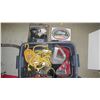 Image 1 : BIN OF MISC. VACUUM, MINI AIR COMPRESSOR, INFLATOR AIR PUMP, SAWHORSE BRACKETS, ETC.